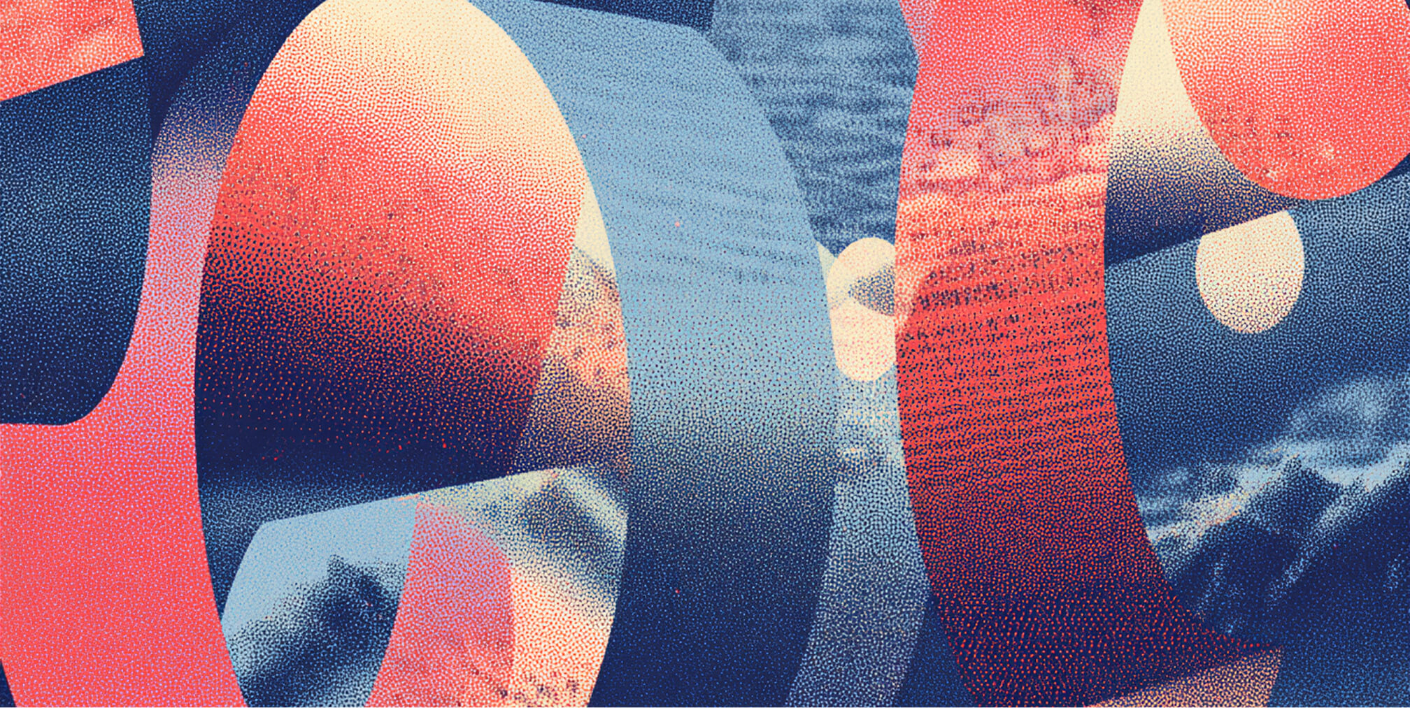 Abstract interlocking curved forms in red and blue tones, representing interconnected responsibilities within a coordinated prompt system.