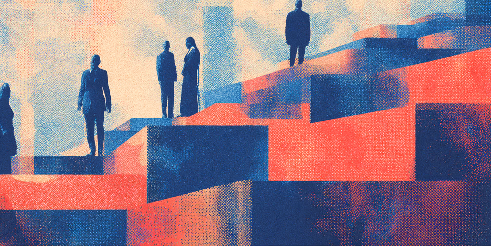 Silhouetted professionals standing on layered geometric platforms, symbolizing tiered authority, expertise levels, and structured role hierarchy in prompting.