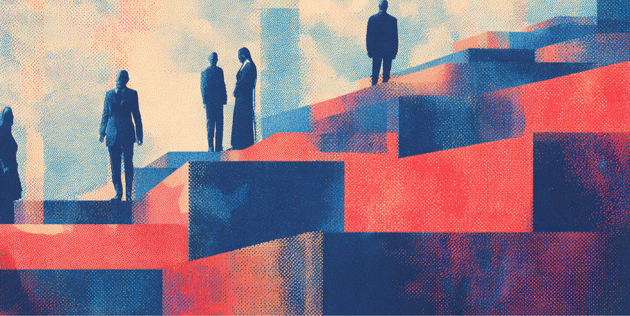 Silhouetted professionals standing on layered geometric platforms, symbolizing tiered authority, expertise levels, and structured role hierarchy in prompting.