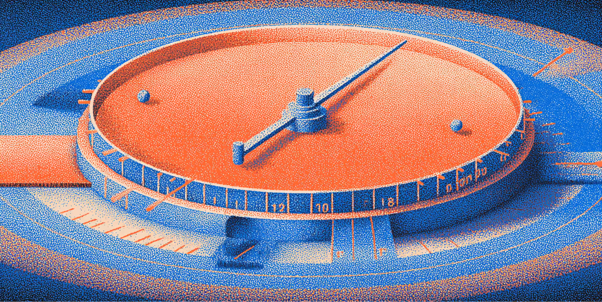 Abstract circular dial with a central pointer and numeric markings, symbolizing calibration and fine-tuning brand voice and tone through structured prompting.