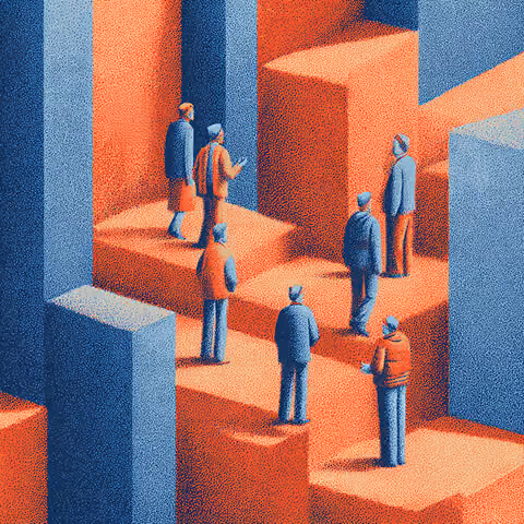 Professionals standing on layered geometric platforms, symbolizing structured hierarchy and defined brand roles in communication.