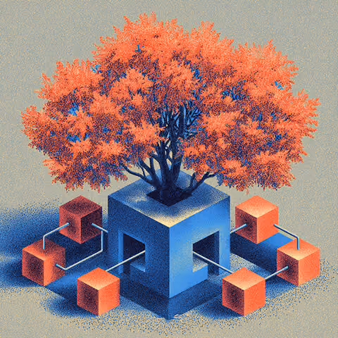 Tree growing from a central cube connected to smaller blocks, illustrating how consistent brand voice branches across connected systems.