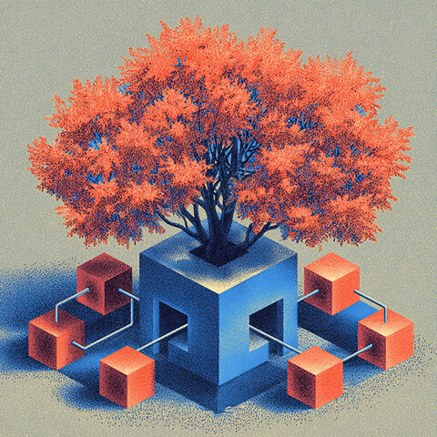 Tree growing from a central cube connected to smaller blocks, illustrating how consistent brand voice branches across connected systems.