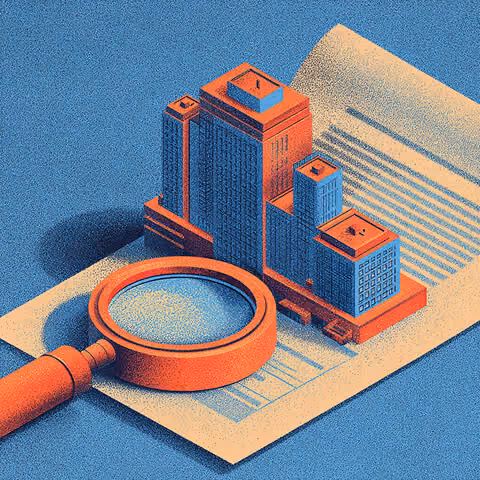 Magnifying glass placed over stylized city buildings and documents, representing close analysis of brand messaging and contextual clarity.