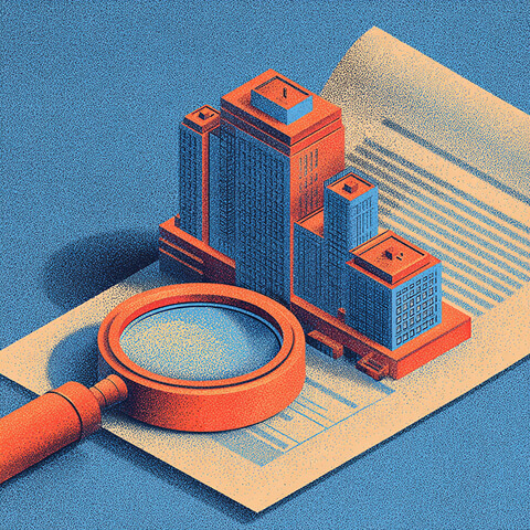 Magnifying glass placed over stylized city buildings and documents, representing close analysis of brand messaging and contextual clarity.