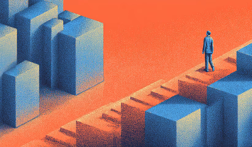 Individual walking up a stepped pathway between large blocks, representing progression toward clearer, more aligned messaging.