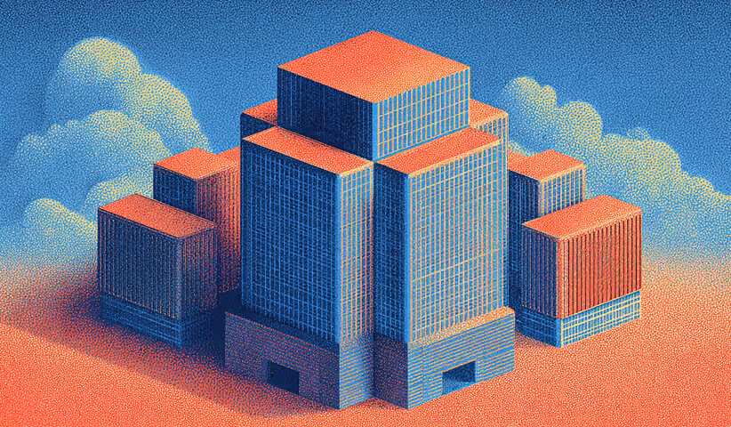 Cluster of stacked buildings forming a unified structure, representing cohesive brand architecture built from aligned messaging elements.