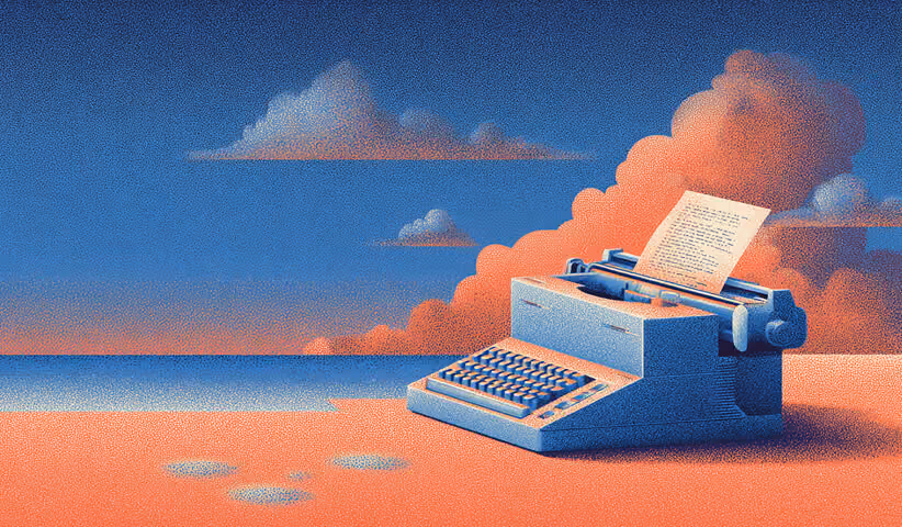 Typewriter on an open landscape with clouds, symbolizing deliberate, crafted language shaped by strategic prompting.