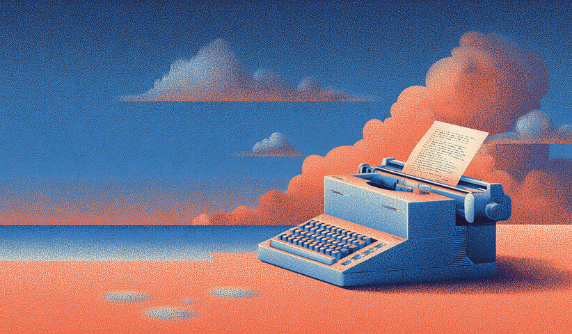 Typewriter on an open landscape with clouds, symbolizing deliberate, crafted language shaped by strategic prompting.