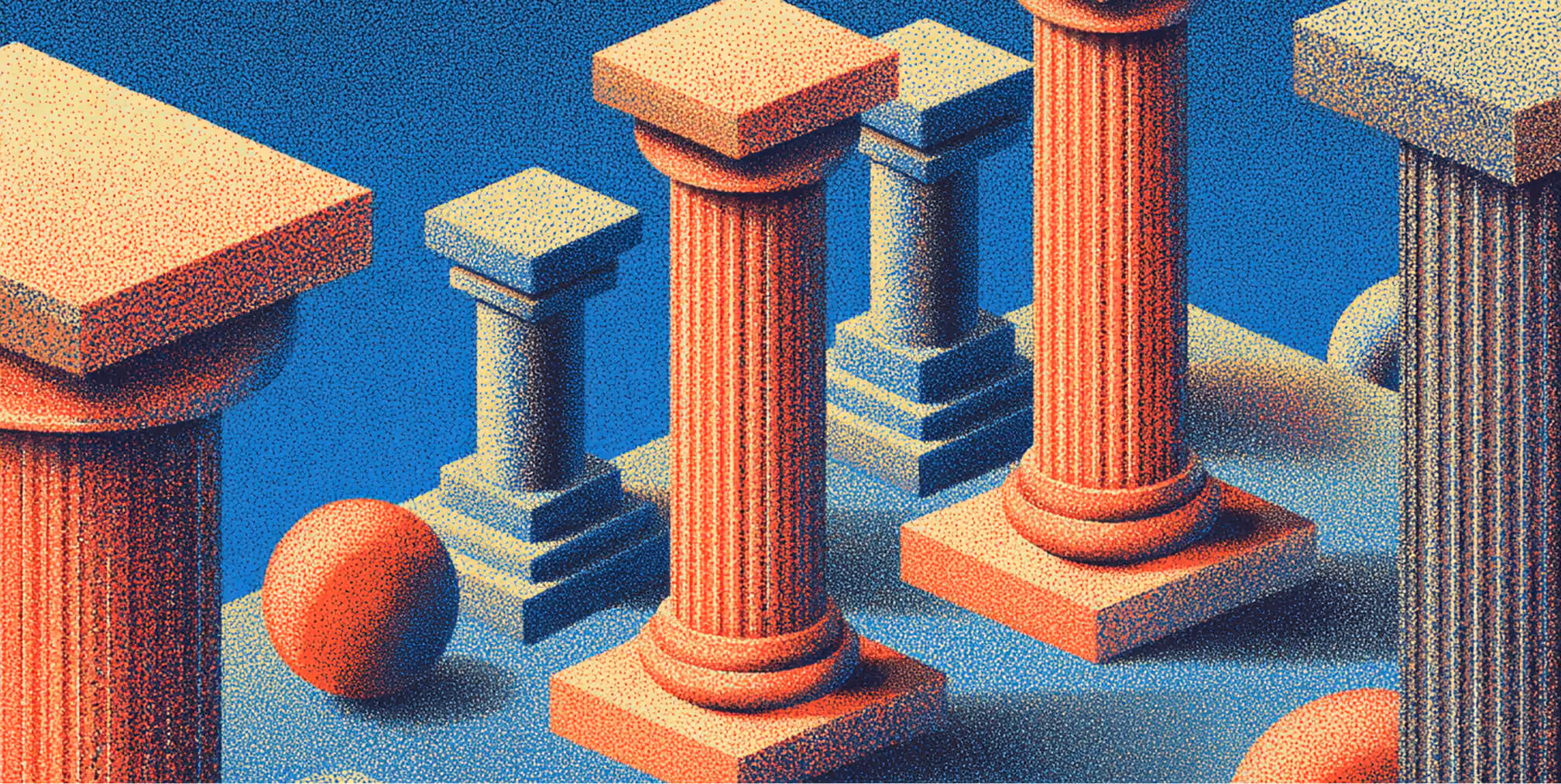Classical columns and geometric forms arranged in balance, symbolizing foundational brand principles supporting consistent communication.