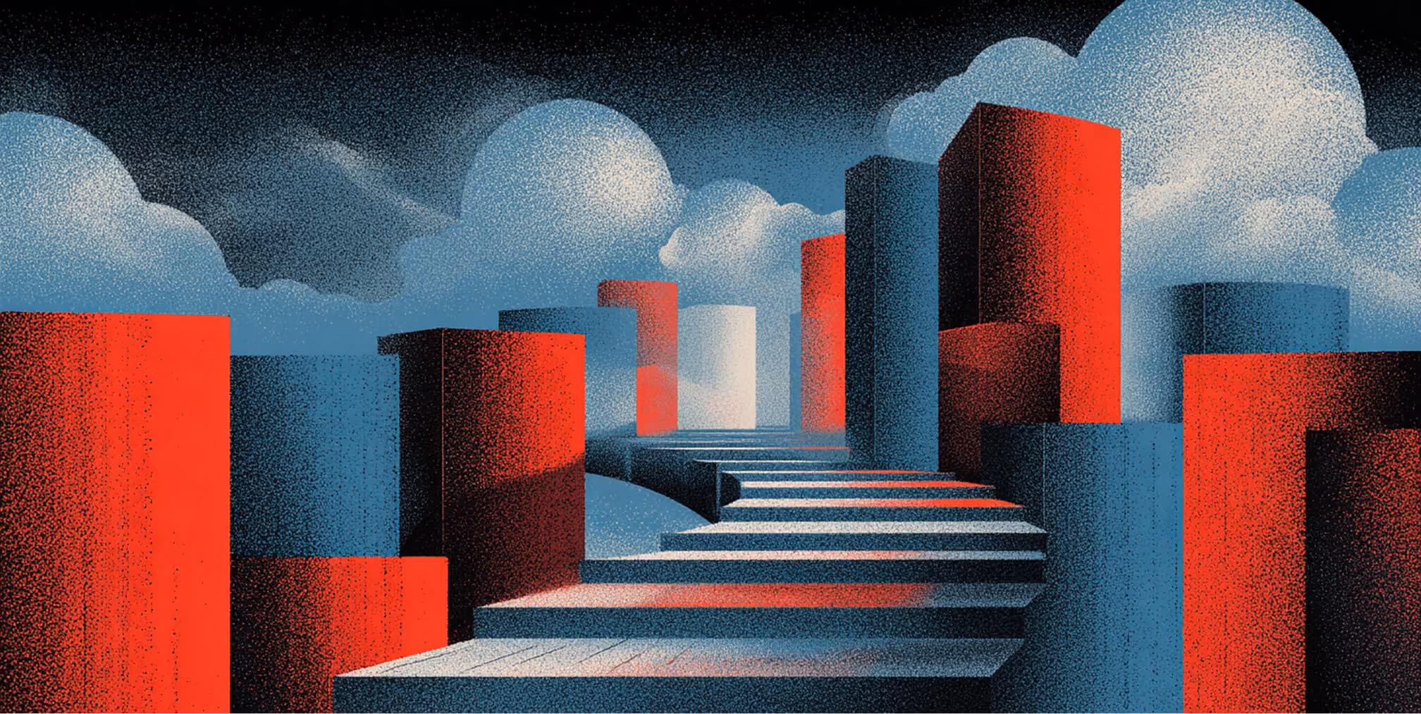 Abstract pathway of stepped platforms winding between bold red and blue geometric structures under a cloudy sky, symbolizing structured progression from strategy to execution.