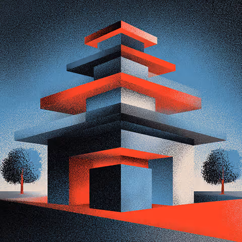 Layered architectural structure built from stacked geometric forms, representing structured campaign frameworks and organized execution.