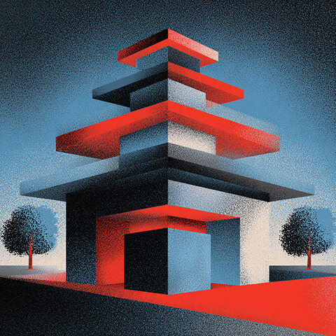 Layered architectural structure built from stacked geometric forms, representing structured campaign frameworks and organized execution.