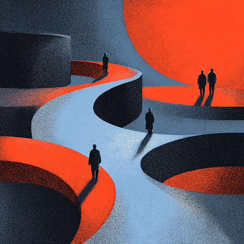 Silhouetted professionals standing at intersections of curved pathways, representing strategic decision points in campaign planning.