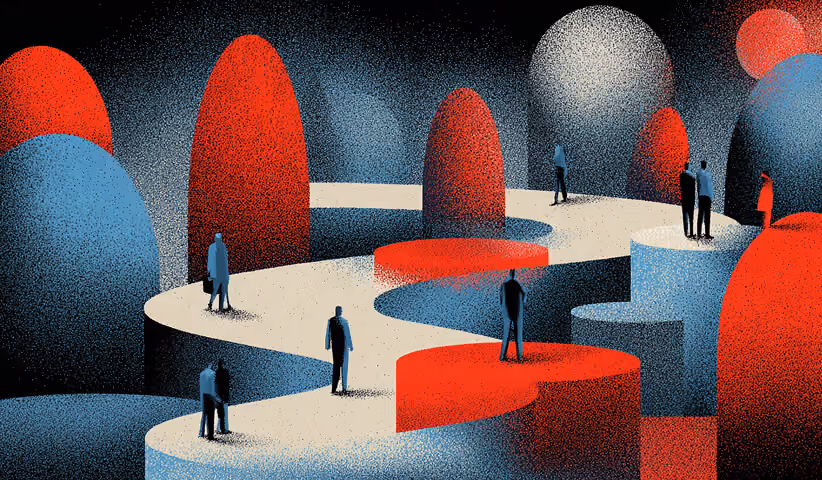 People positioned along a winding elevated path among abstract shapes, symbolizing multi-stage campaign journeys across channels.