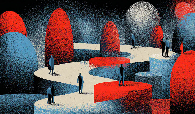 People positioned along a winding elevated path among abstract shapes, symbolizing multi-stage campaign journeys across channels.