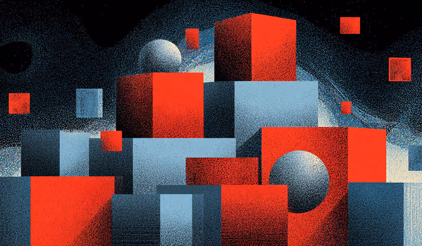 Cluster of red and blue cubes arranged in dynamic formation, representing modular campaign components working together.