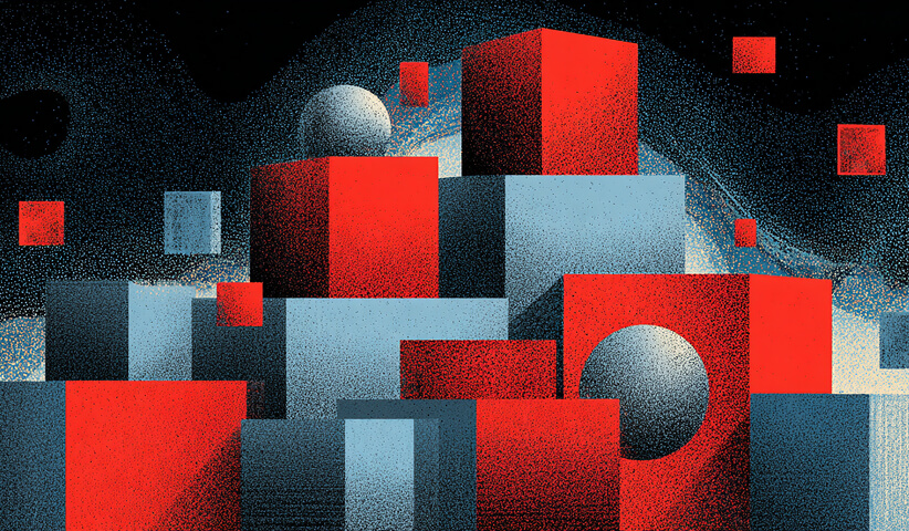 Cluster of red and blue cubes arranged in dynamic formation, representing modular campaign components working together.