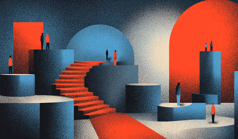 Individuals standing on staggered platforms connected by a staircase, illustrating phased rollout and strategic sequencing.