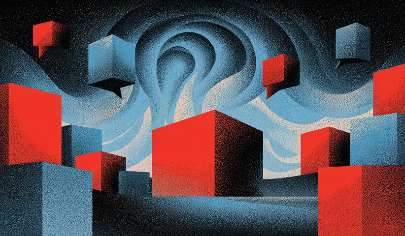 Floating speech-bubble shapes above geometric blocks, symbolizing messaging variations and testing multiple campaign angles.