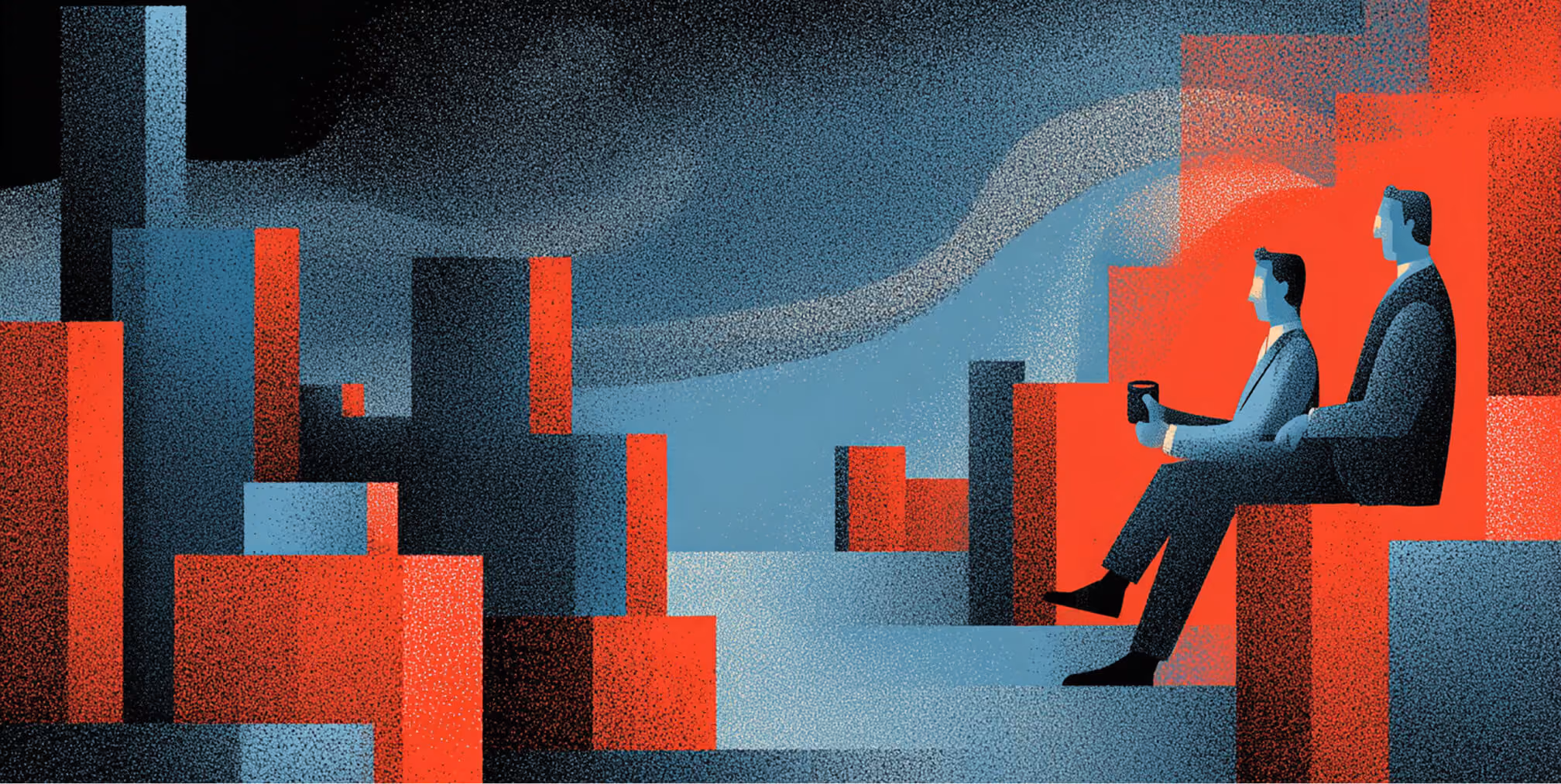 Two professionals seated among structured blocks overlooking an abstract cityscape, symbolizing executive oversight and strategic control throughout campaign execution.