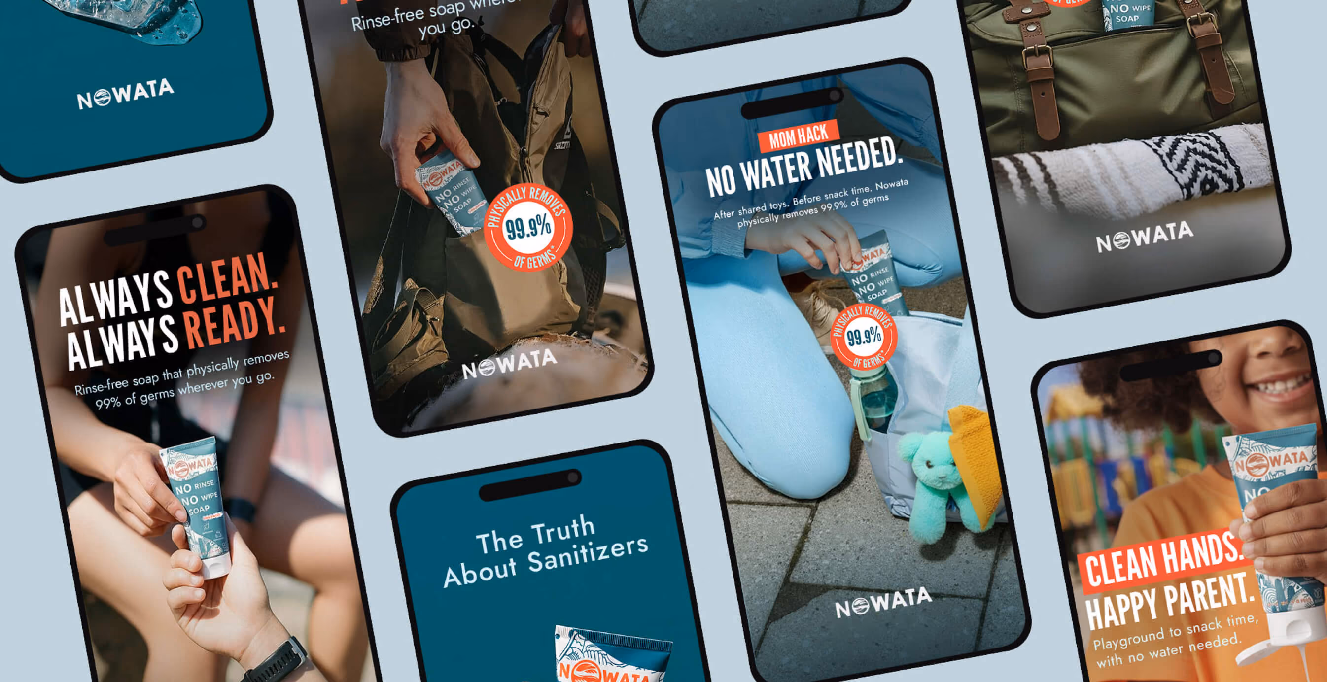 Collage of mobile ads featuring NOWATA soap with messaging like “Always Clean. Always Ready.” and “No Water Needed.”