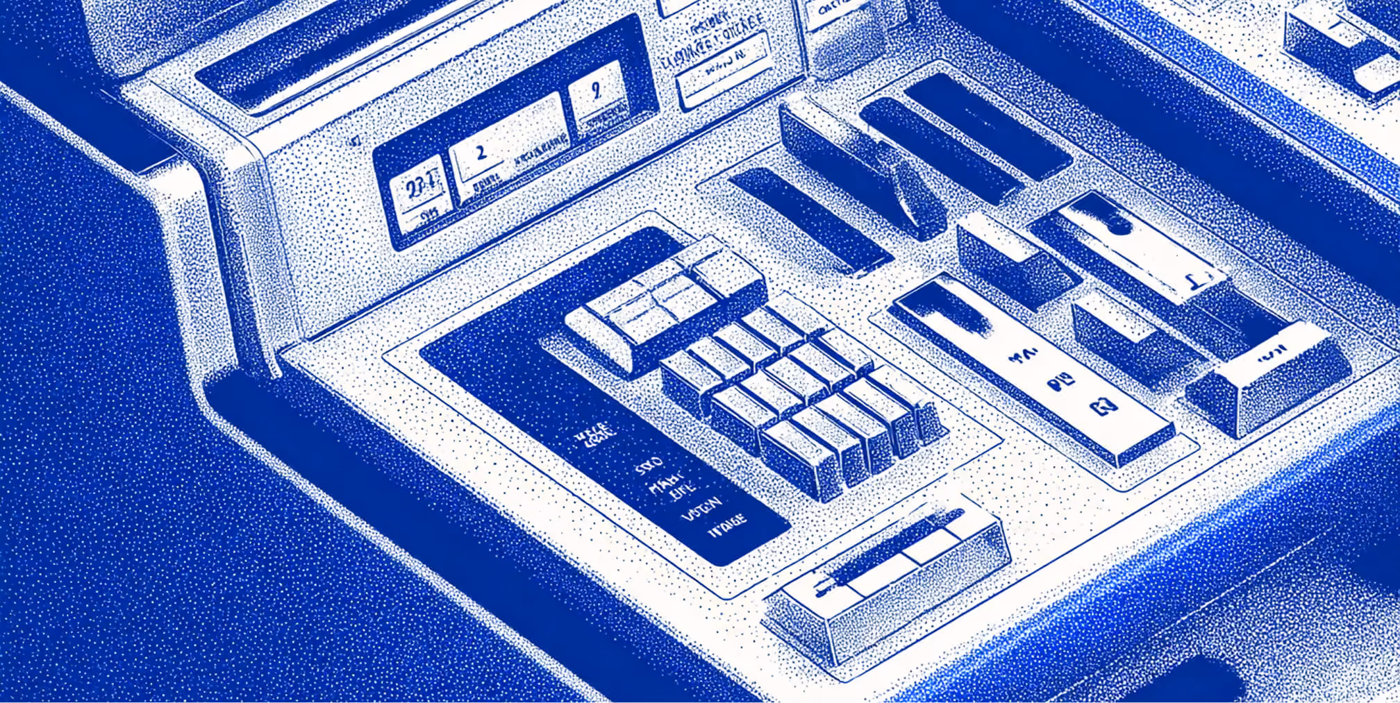 Close-up of a vintage computer control panel with structured buttons and display screens, symbolizing systemized control and precision in brand execution at scale.
