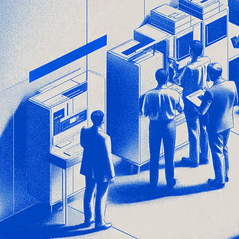 Section 01 – Image 1 Group of professionals gathered around large computing machines, representing collaborative oversight and structured brand governance.