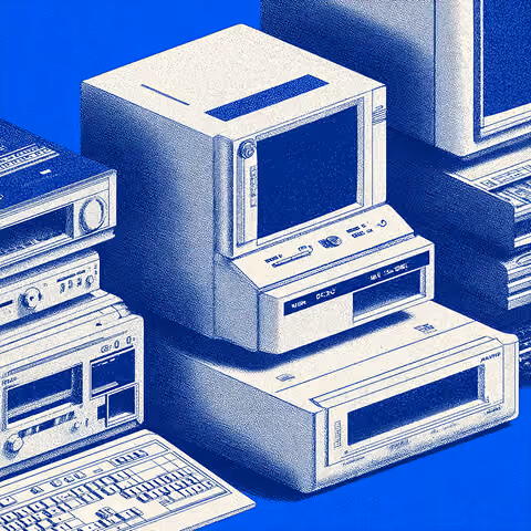 Stacked retro computer hardware including monitor and drives, symbolizing layered systems that support scalable brand consistency.