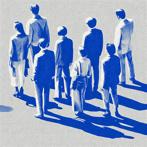 Silhouetted individuals standing in formation with long shadows, representing alignment and unified brand direction across teams.