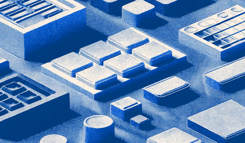Close-up of modular keypad components arranged in a grid, symbolizing standardized inputs and repeatable brand frameworks.
