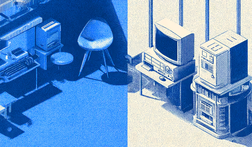 Organized workspace with multiple vintage computers and equipment, representing coordinated infrastructure for consistent output.