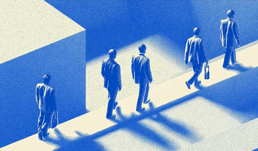 Professionals walking in a single line past a large geometric structure, symbolizing structured workflows and disciplined execution.
