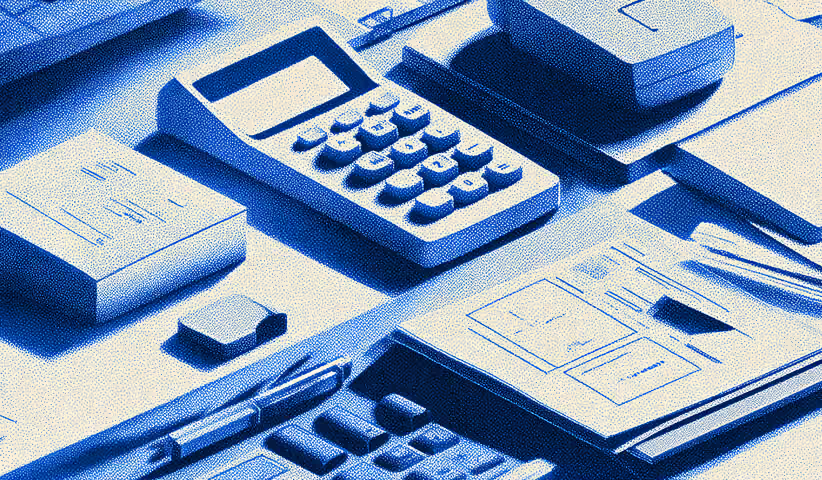 Desk scene with calculator, paperwork, and office tools arranged neatly, representing measurement, auditing, and brand quality control.