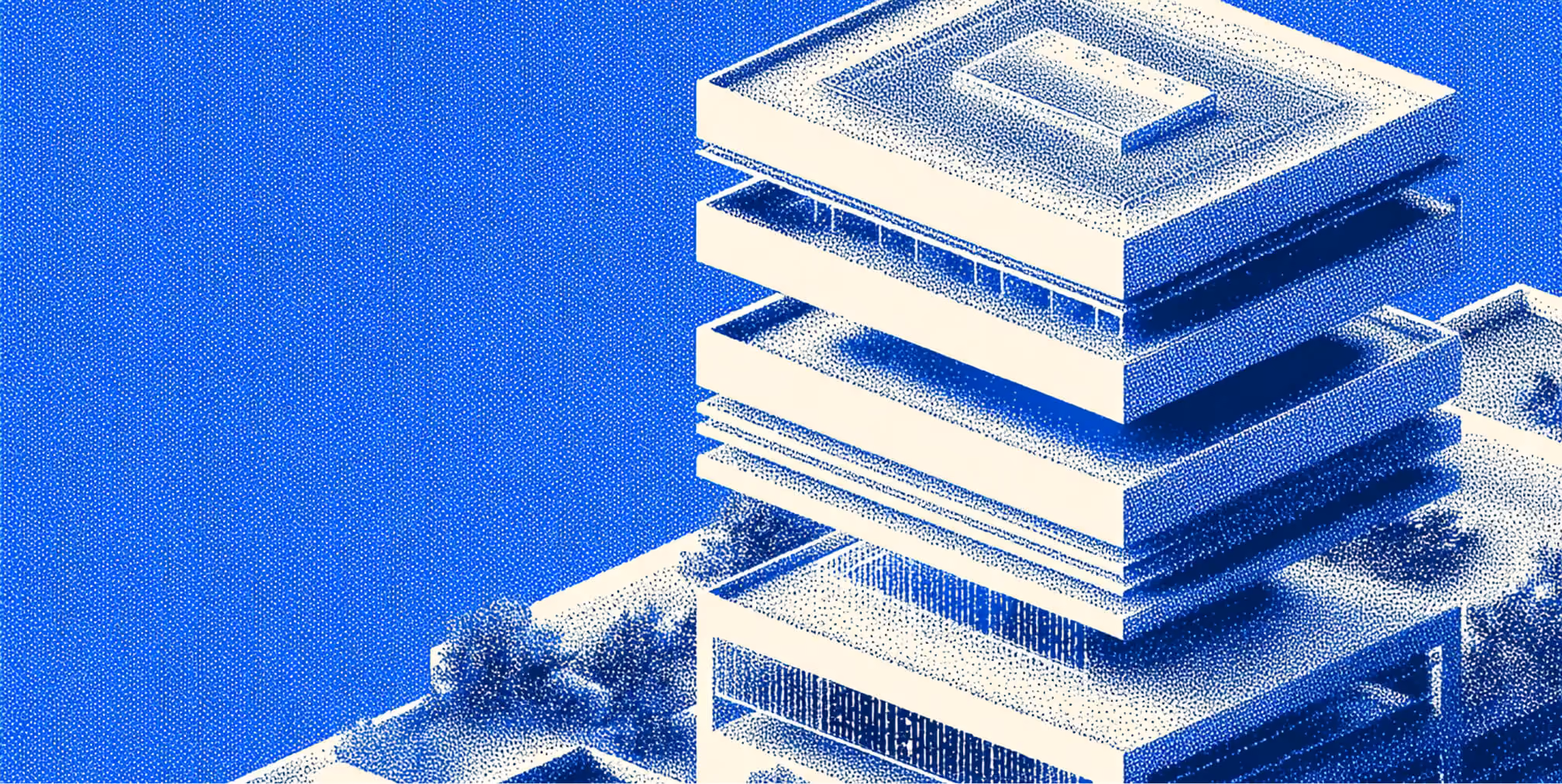 Modern layered building with stacked horizontal levels, symbolizing scalable architecture and structured brand systems.
