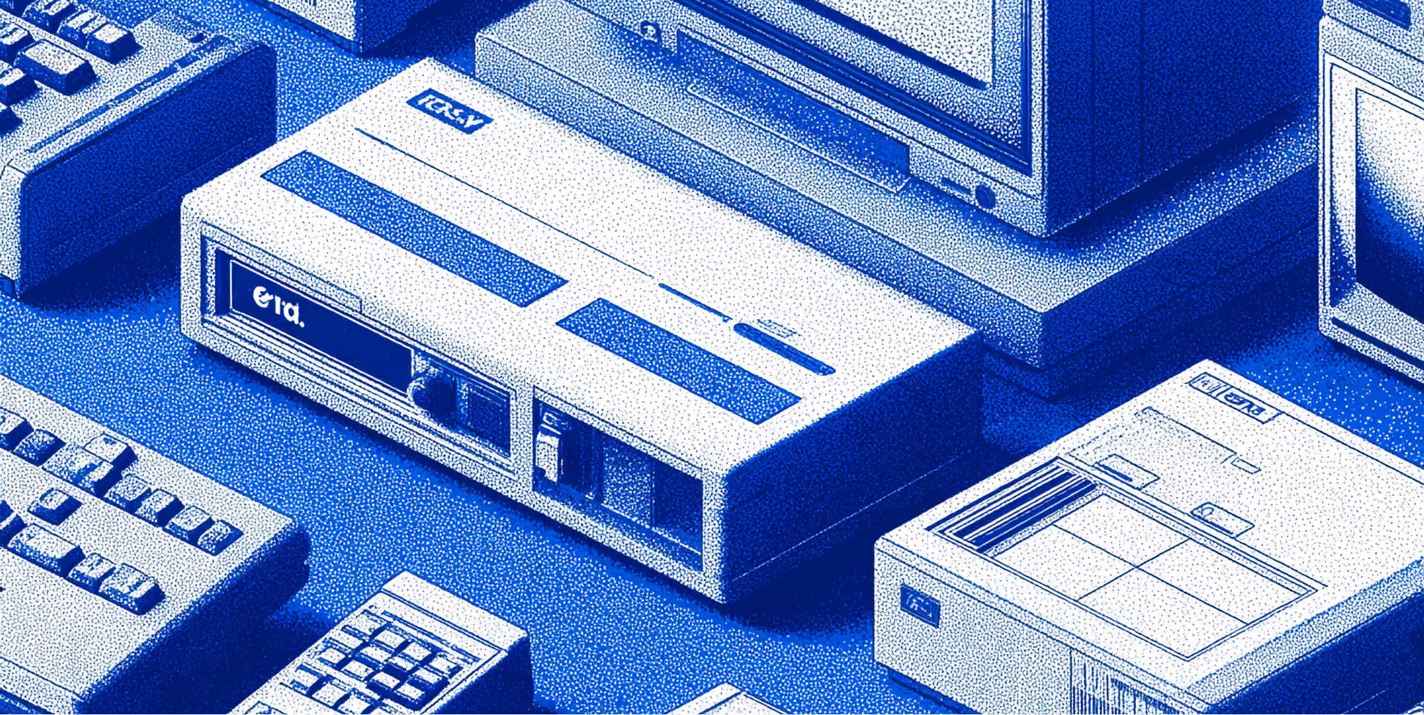 Collection of retro computing devices arranged in a grid layout, representing standardized tools and centralized systems driving consistent brand output.