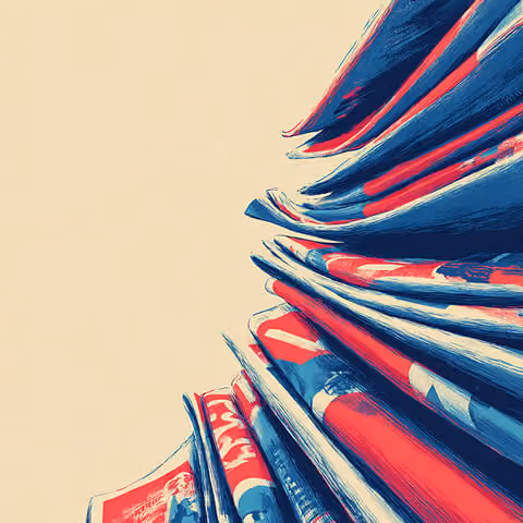Tall stack of newspapers layered together, representing the overwhelming volume of content and advertising messages produced at scale.