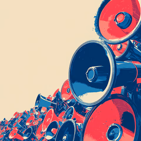 Large stack of megaphones piled together, representing the overwhelming volume of marketing messages competing for audience attention.