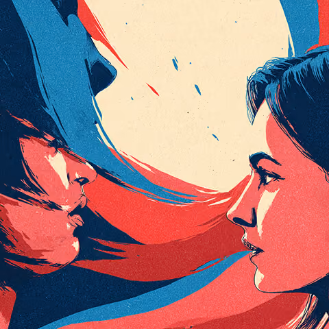 Two people facing each other with flowing shapes between them, symbolizing communication, messaging alignment, and audience resonance.