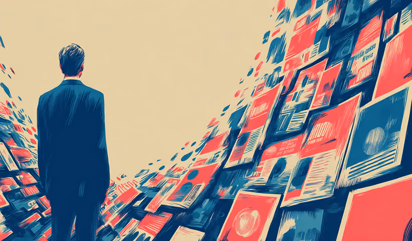 Business professional standing between walls of marketing posters and ads, symbolizing the challenge of navigating large volumes of creative variations.