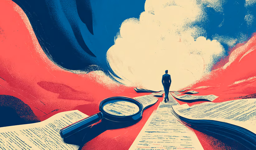 Magnifying glass examining a long document path as a person walks forward, representing analysis, optimization, and refining ad copy performance.