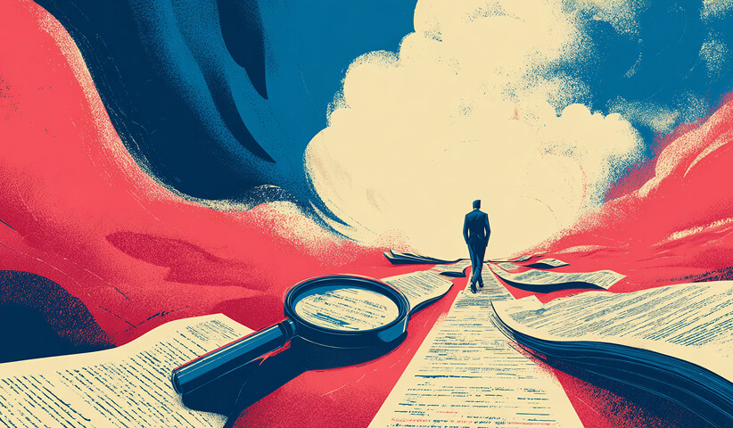Magnifying glass examining a long document path as a person walks forward, representing analysis, optimization, and refining ad copy performance.