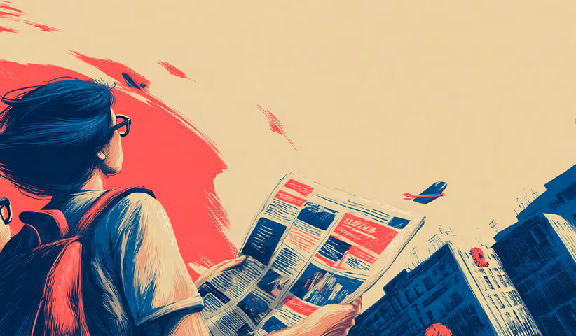 Person reading a newspaper outdoors with an airplane flying overhead, symbolizing media consumption across channels and platforms.