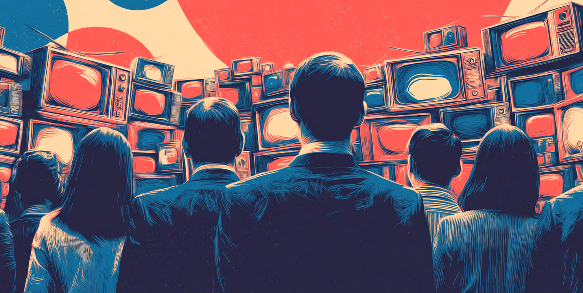 Audience standing before a wall of television screens, symbolizing mass media exposure and the competition for consumer attention.