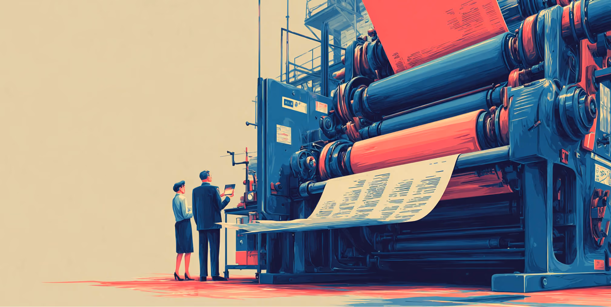 Large printing press producing sheets of printed content while two professionals review output, representing large-scale production and distribution of marketing messages.