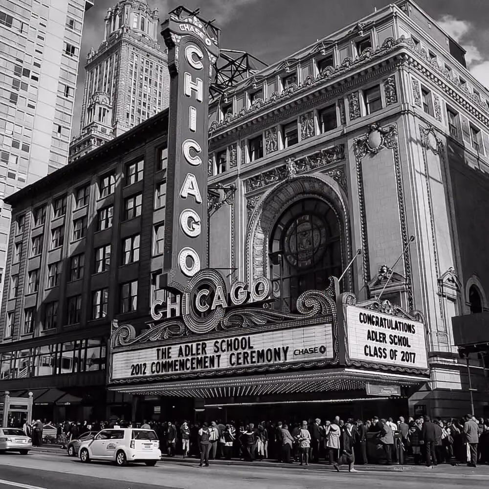 Historic Chicago Theatre marquee and sign on State Street in downtown Chicago, Illinois.