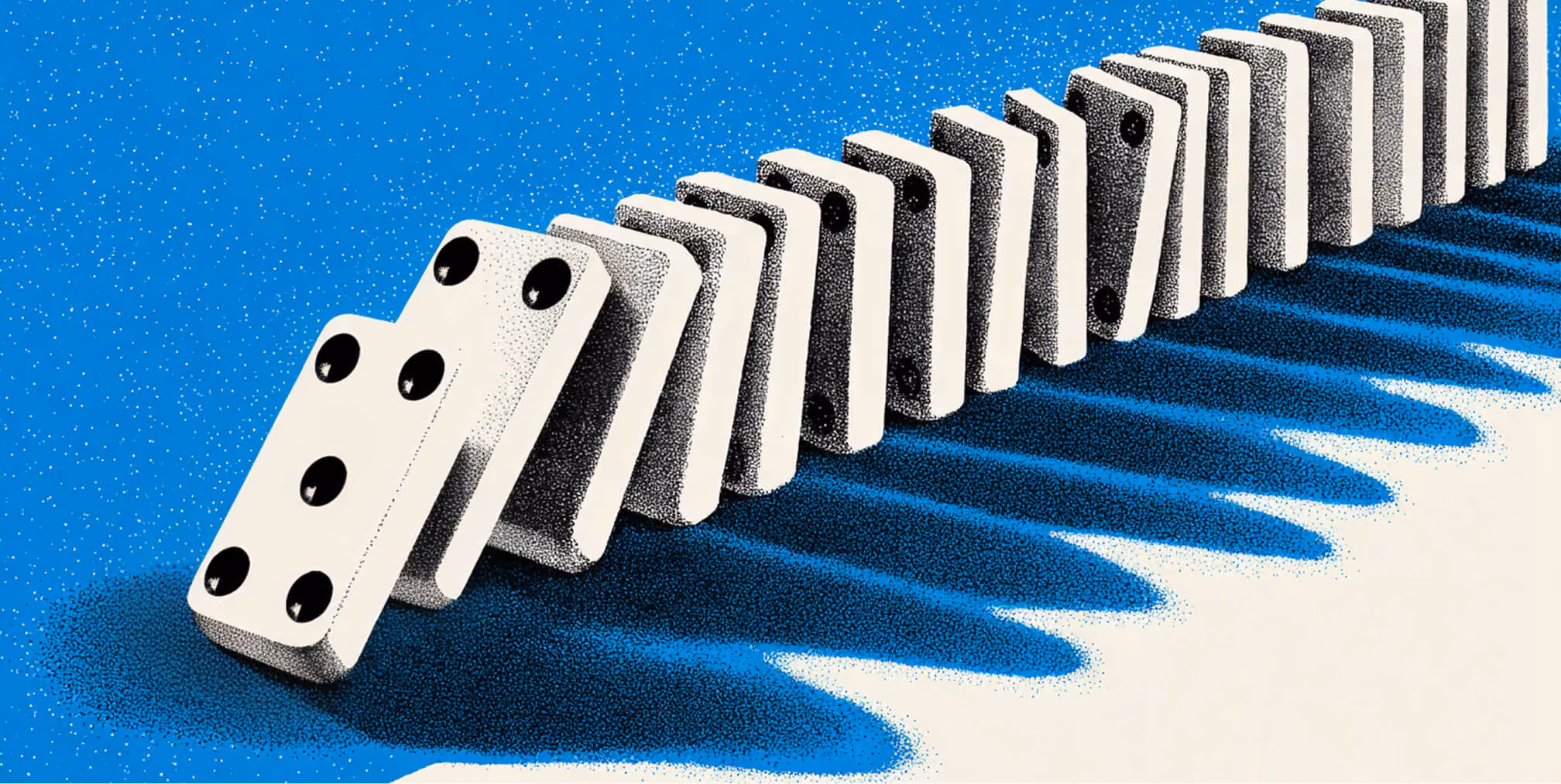 Row of dominoes falling in sequence across a blue surface, symbolizing the step-by-step progression of prompt chaining and connected AI workflows.
