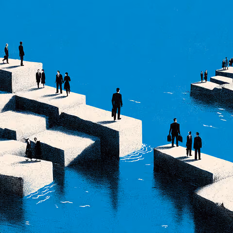 Business professionals standing on separated geometric platforms above water, representing fragmented workflows and disconnected processes.