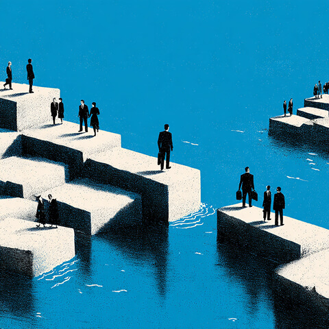 Business professionals standing on separated geometric platforms above water, representing fragmented workflows and disconnected processes.