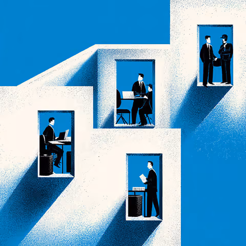 People working in separate window-like rooms within a structure, symbolizing compartmentalized tasks and isolated stages in a workflow.
